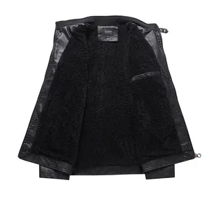 Detailed view of black faux leather motorcycle jacket with warm fleece interior lining.
