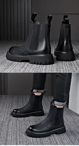 Detailed macro views showing the leather texture of black men's platform Chelsea boots
