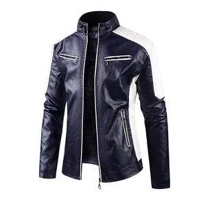 Detail view of navy blue and white PU leather motorcycle jacket with fleece lining
