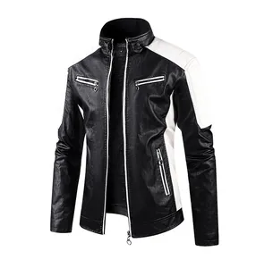 Men's stylish black and white PU leather motorcycle jacket with warm fleece lining for winter