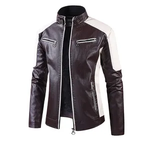 Full front view detail of men's patchwork faux leather jacket with warm fleece lining