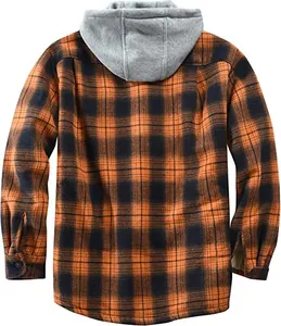 Detailed back view of men's orange and black plaid flannel hooded jacket with a gray hood
