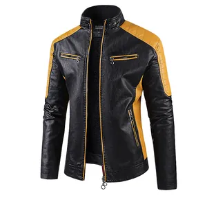 Detailed view of men's black and yellow motorcycle PU leather jacket with stand collar
