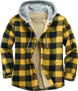 Detail view of men's yellow plaid flannel jacket with warm sherpa lining and hood