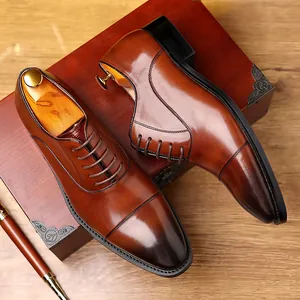 Elegant brown genuine leather cap-toe oxford shoes for men, business formal dress style