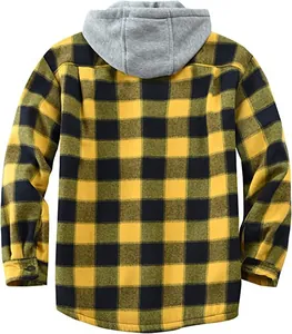 Detailed back view of a men's classic yellow and black plaid flannel hooded jacket