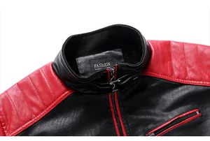Detail of men's red and black motorcycle jacket with padded shoulders and stand collar