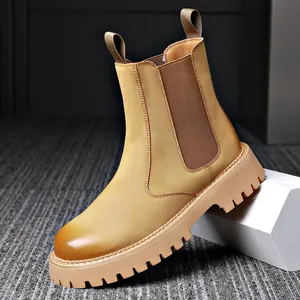 Men Genuine Leather Chelsea Boots Vintage High Top Thick Sole Martin Boots Autumn Winter Warm Work Shoes Anti-Slip Boots