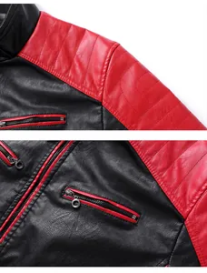 Detailed macro view showing the textured red and black PU leather on a men motorcycle jacket