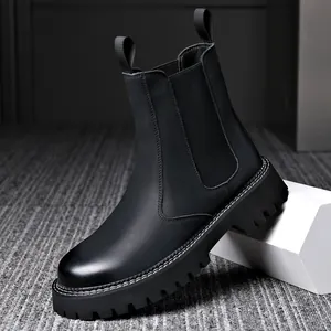 Black genuine leather Chelsea boots for men with thick lug sole and elastic side