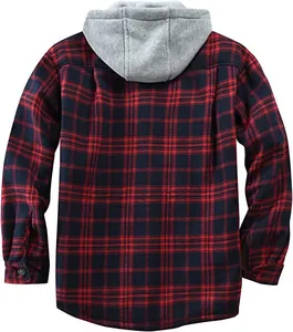 Men's red and black plaid flannel hooded jacket back view detail for winter