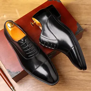 Classic black genuine leather Cap-toe Oxford dress shoes for business formal events