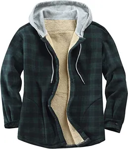 Close-up of men's plaid hooded jacket featuring soft fleece lining for winter warmth