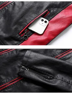 Detail of black and red faux leather motorcycle jacket showing zipper pockets and cuff texture