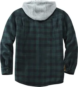 Back view of men's green plaid flannel jacket with a grey hooded contrast design