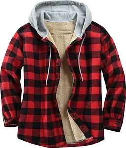 Men's red and black plaid flannel jacket with thick warm fleece lining and grey hood