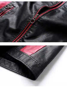 Detailed close-up of men's black PU leather biker jacket with red trim and fleece lining