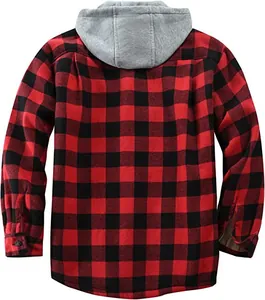 Detailed back view of a red and black buffalo plaid hooded flannel jacket for men