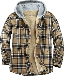 Detailed macro view of men's warm fleece-lined plaid flannel hooded jacket in khaki tan