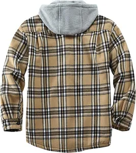Detailed back view of a men's khaki plaid flannel hooded jacket with soft grey hood