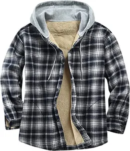 Detail shot of a men's plaid flannel jacket with thick fleece lining and grey hood.