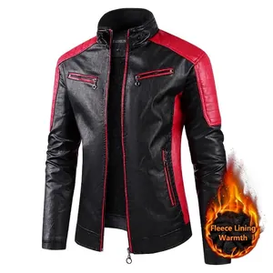 Men's motorcycle PU leather jacket with red color blocks and warm fleece lining