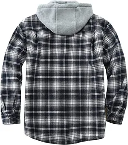 Back view of men's fleece-lined flannel hooded jacket with black white plaid.