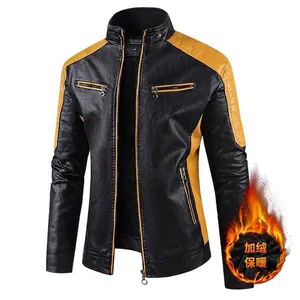 Men's two-tone black and yellow motorcycle PU leather jacket with warm fleece lining