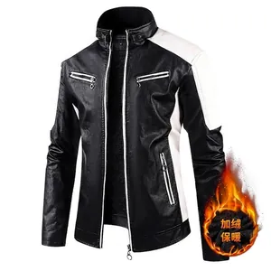 Men's thick fleece-lined PU leather motorcycle jacket featuring stylish white accents