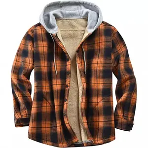 Men's flannel plaid hooded jacket with warm fleece lining long sleeves
