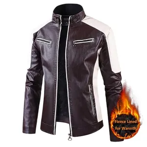 Men's stylish brown and white contrast PU leather motorcycle jacket with warm fleece lining