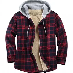 Men's red plaid flannel jacket with warm fleece lining and grey hood