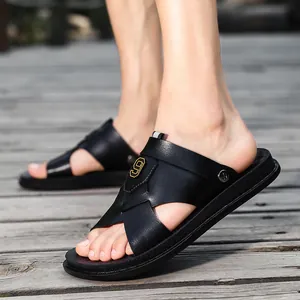 Stylish black PU leather men's sandals for outdoor summer beach wear