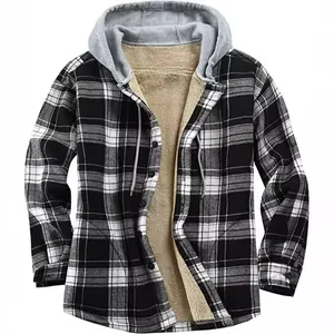 Classic men's plaid flannel jacket featuring warm fleece lining and adjustable drawstring hood