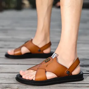 Stylish men's brown PU leather sandals with anti-slip soles for summer beach wear