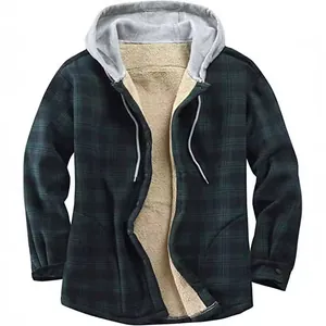 Men's green plaid flannel jacket with warm fleece lining and gray hood for winter