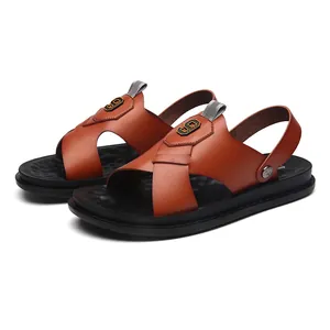 Men's stylish brown PU leather sandals with anti-slip black soles for summer beach wear.