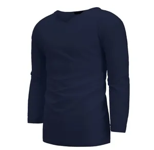 Premium men's navy blue long sleeve V-neck shirt featuring a loose cotton linen fit