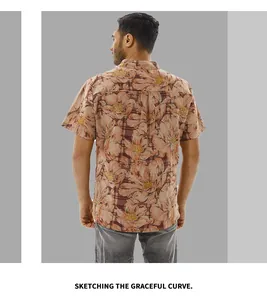 Back view of vintage floral print short-sleeved cotton linen summer beach shirt for men