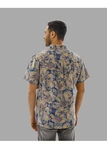 Detailed back view of a men's vintage floral and plaid print short sleeve linen shirt