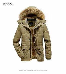 Detailed view of khaki men's thick winter parka with plush faux fur hood.