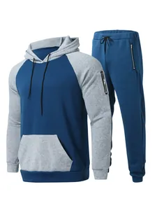 Ανδρικό σετ φόρμας fleece δύο τεμαχίων με μπλε και γκρι φούτερ με κουκούλα και παντελόνι