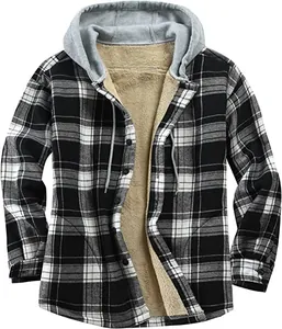 Men's flannel plaid hooded jacket with thick warm fleece lining for winter wear