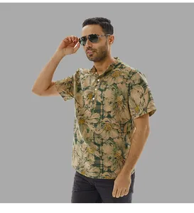Vintage floral print cotton linen beach shirt for men with an elegant stand collar