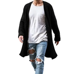 Men's long black chunky knit cardigan sweater with relaxed fit and open front style