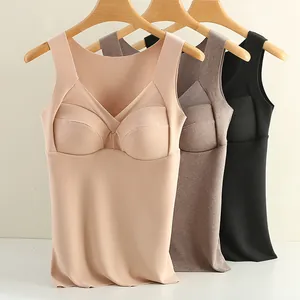 Three seamless thermal camisoles with built-in pads in beige, brown, and black colors.
