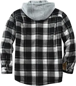Back view of a men's black and white flannel plaid hooded jacket with fleece lining