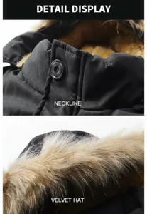 Detailed view of windproof neckline and velvet hood on men's winter padded coat