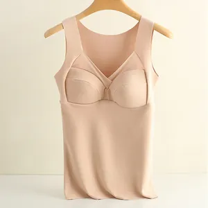 Detailed view of women's seamless thermal vest with built-in cups in beige
