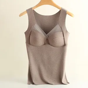 Detail view of seamless thermal tank top with integrated bra pads and mesh V-neck design